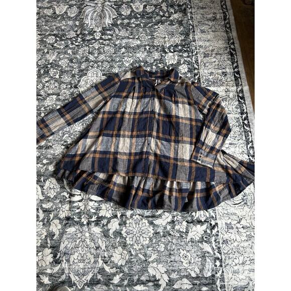 Free People Plaid Hi Low Ruffle Hem Button Up Shirt Blue and Cream Size M - Picture 4 of 6